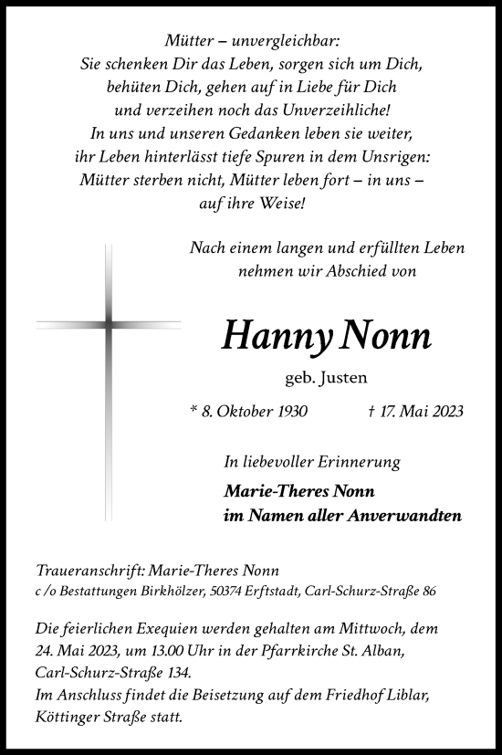 Anzeige von Hanny Nonn von Kölner Stadt-Anzeiger / Kölnische Rundschau / Express