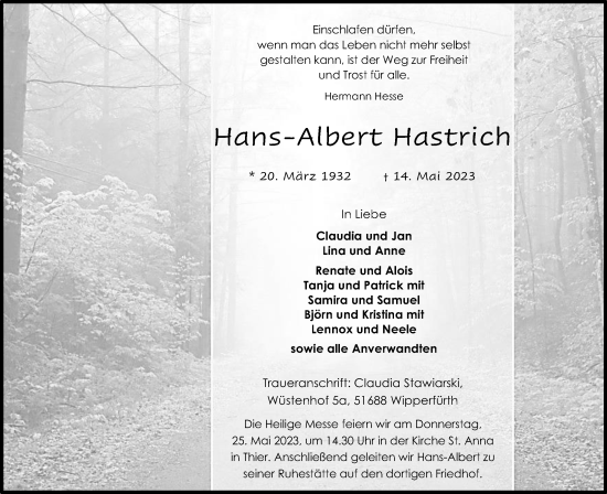 Anzeige von Hans-Albert Hastrich von Kölner Stadt-Anzeiger / Kölnische Rundschau / Express