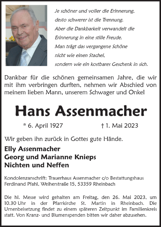 Anzeige von Hans Assenmacher von  Schaufenster/Blickpunkt 