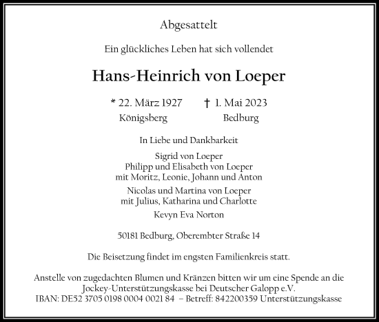 Anzeige von Hans-Heinrich von Loeper von Kölner Stadt-Anzeiger / Kölnische Rundschau / Express