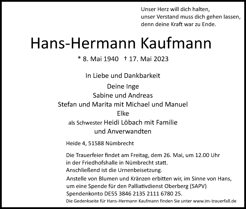  Traueranzeige für Hans-Hermann Kaufmann vom 23.05.2023 aus Kölner Stadt-Anzeiger / Kölnische Rundschau / Express