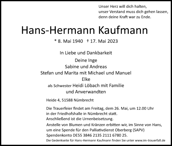 Anzeige von Hans-Hermann Kaufmann von Kölner Stadt-Anzeiger / Kölnische Rundschau / Express