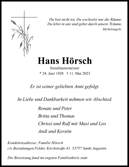 Anzeige von Hans Hörsch von Kölner Stadt-Anzeiger / Kölnische Rundschau / Express