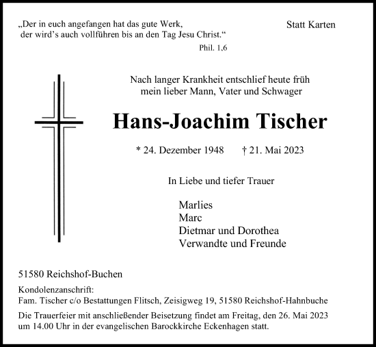 Anzeige von Hans-Joachim Tischer von Kölner Stadt-Anzeiger / Kölnische Rundschau / Express