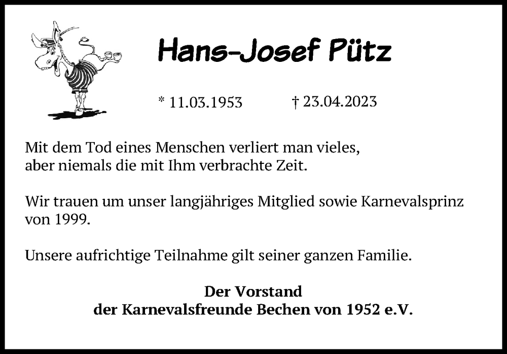  Traueranzeige für Hans-Josef Pütz vom 05.05.2023 aus Kölner Stadt-Anzeiger / Kölnische Rundschau / Express