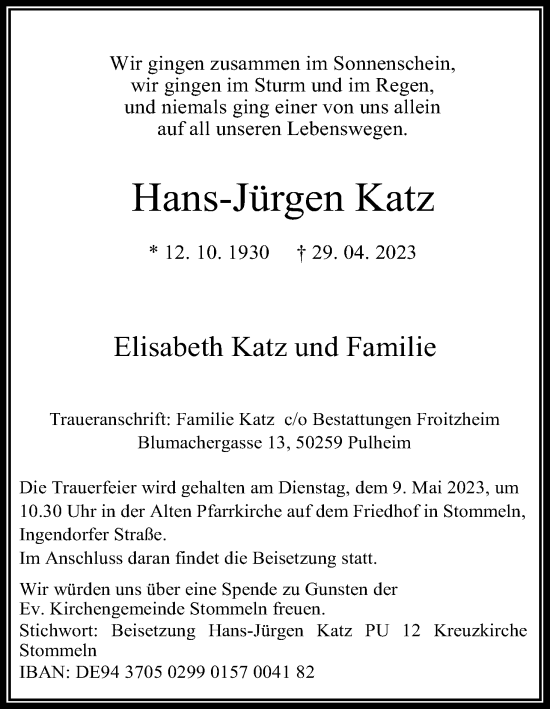 Anzeige von Hans-Jürgen Katz von Kölner Stadt-Anzeiger / Kölnische Rundschau / Express