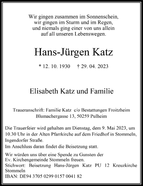 Anzeige von Hans-Jürgen Katz von  Wochenende 