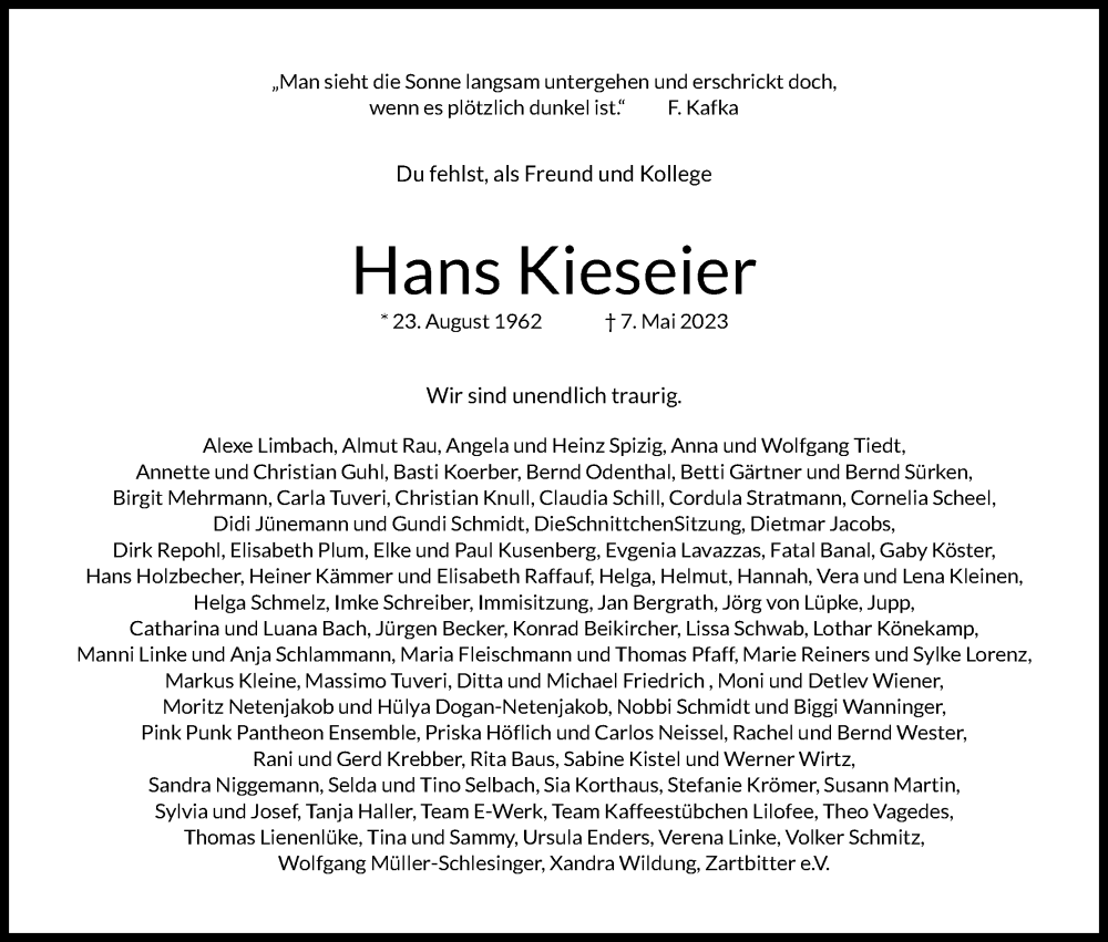  Traueranzeige für Hans Kieseier vom 20.05.2023 aus Kölner Stadt-Anzeiger / Kölnische Rundschau / Express