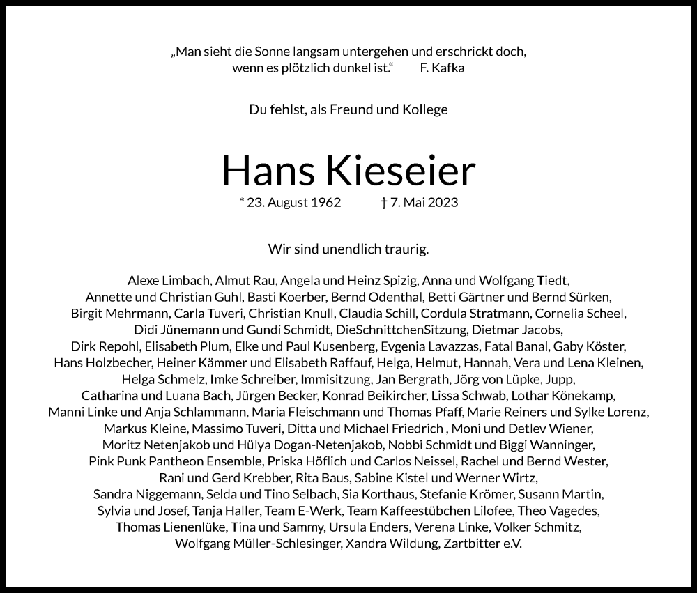  Traueranzeige für Hans Kieseier vom 18.07.2023 aus Kölner Stadt-Anzeiger / Kölnische Rundschau / Express