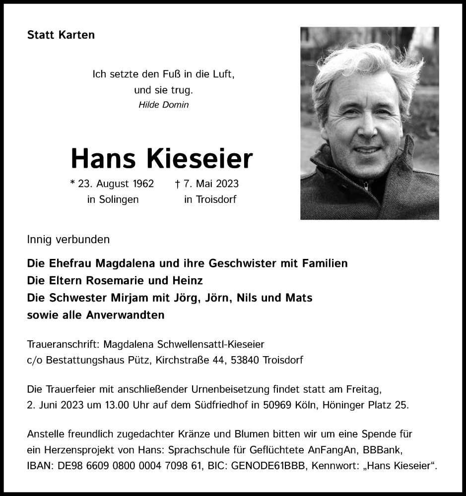  Traueranzeige für Hans Kieseier vom 18.07.2023 aus Kölner Stadt-Anzeiger / Kölnische Rundschau / Express