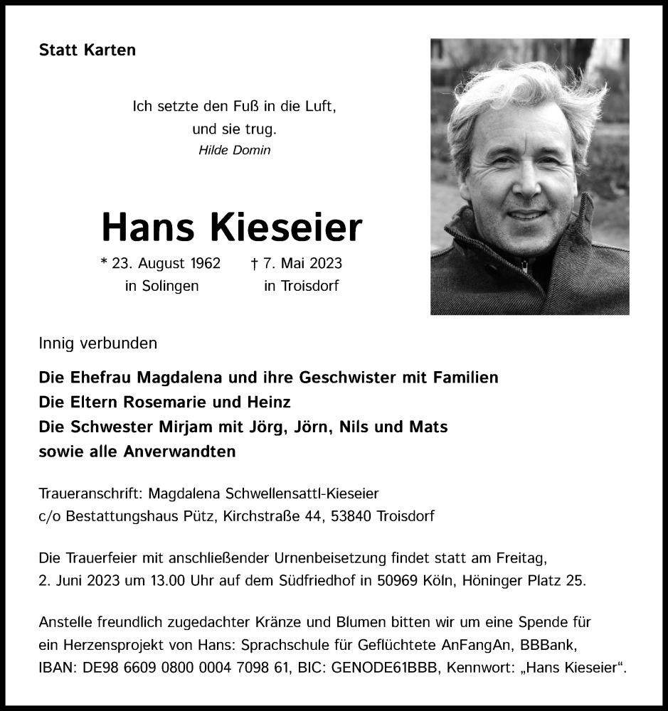  Traueranzeige für Hans Kieseier vom 20.05.2023 aus Kölner Stadt-Anzeiger / Kölnische Rundschau / Express