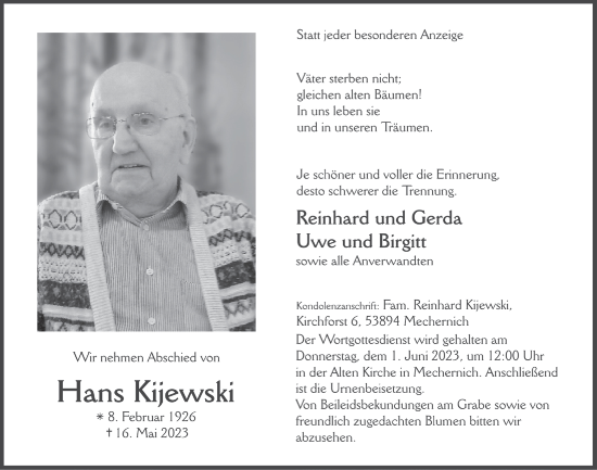 Anzeige von Hans Kijewski von  Blickpunkt Euskirchen 