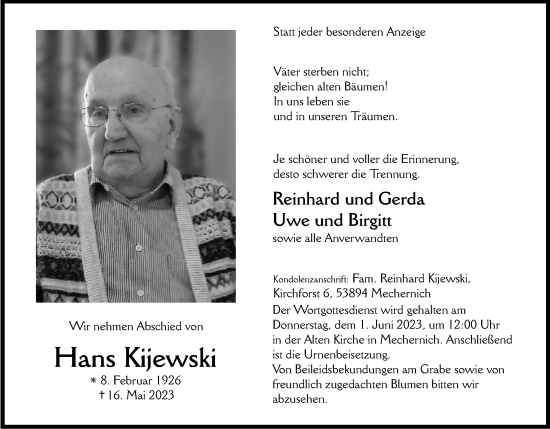 Anzeige von Hans Kijewski von Kölner Stadt-Anzeiger / Kölnische Rundschau / Express