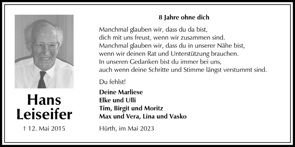  Traueranzeige für Hans Leiseifer vom 18.07.2023 aus  Wochenende 