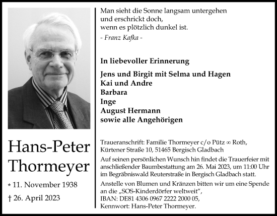 Anzeige von Hans-Peter Thormeyer von Kölner Stadt-Anzeiger / Kölnische Rundschau / Express