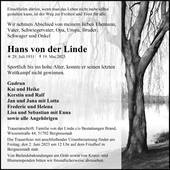 Anzeige von Hans von der Linde von  Anzeigen Echo 