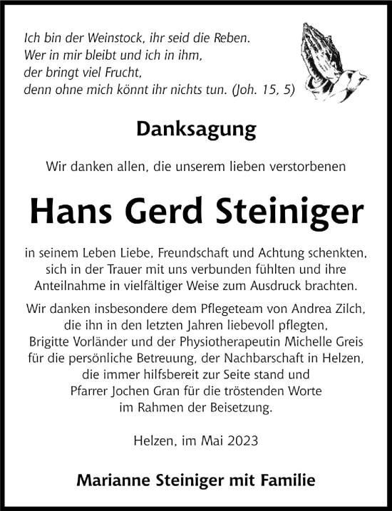 Anzeige von Hans Gerd Steiniger von  Lokalanzeiger 