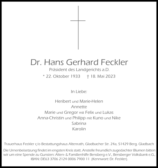 Anzeige von Hans Gerhard Feckler von Kölner Stadt-Anzeiger / Kölnische Rundschau / Express