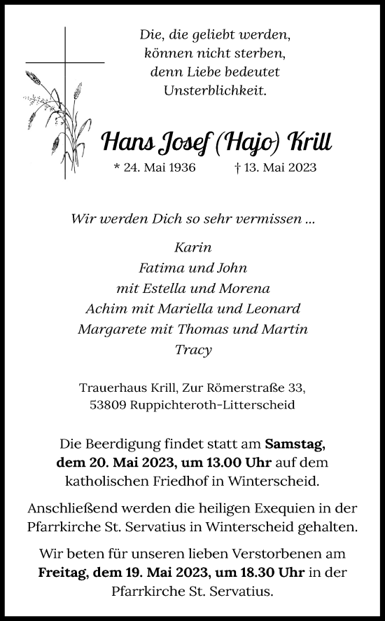 Anzeige von Hans Josef Krill von Kölner Stadt-Anzeiger / Kölnische Rundschau / Express
