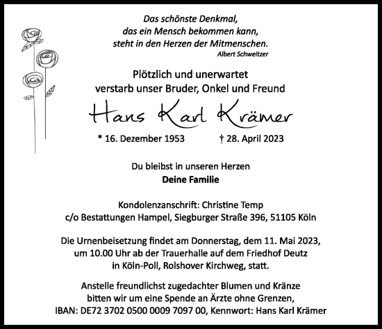 Anzeige von Hans Karl Krämer von Kölner Stadt-Anzeiger / Kölnische Rundschau / Express