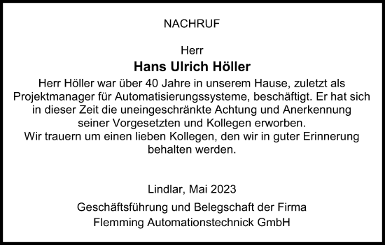 Anzeige von Hans Ulrich Höller von Kölner Stadt-Anzeiger / Kölnische Rundschau / Express
