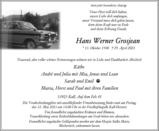 Anzeige von Hans Werner Grosjean von  Blickpunkt Euskirchen 