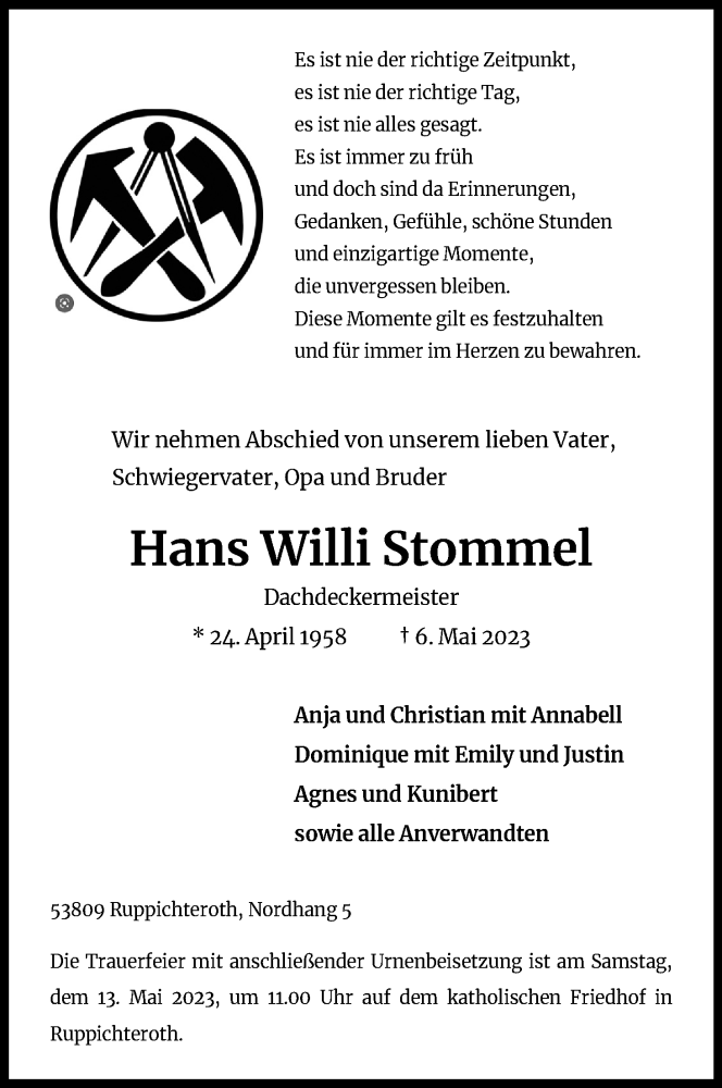  Traueranzeige für Hans Willi Stommel vom 10.05.2023 aus Kölner Stadt-Anzeiger / Kölnische Rundschau / Express