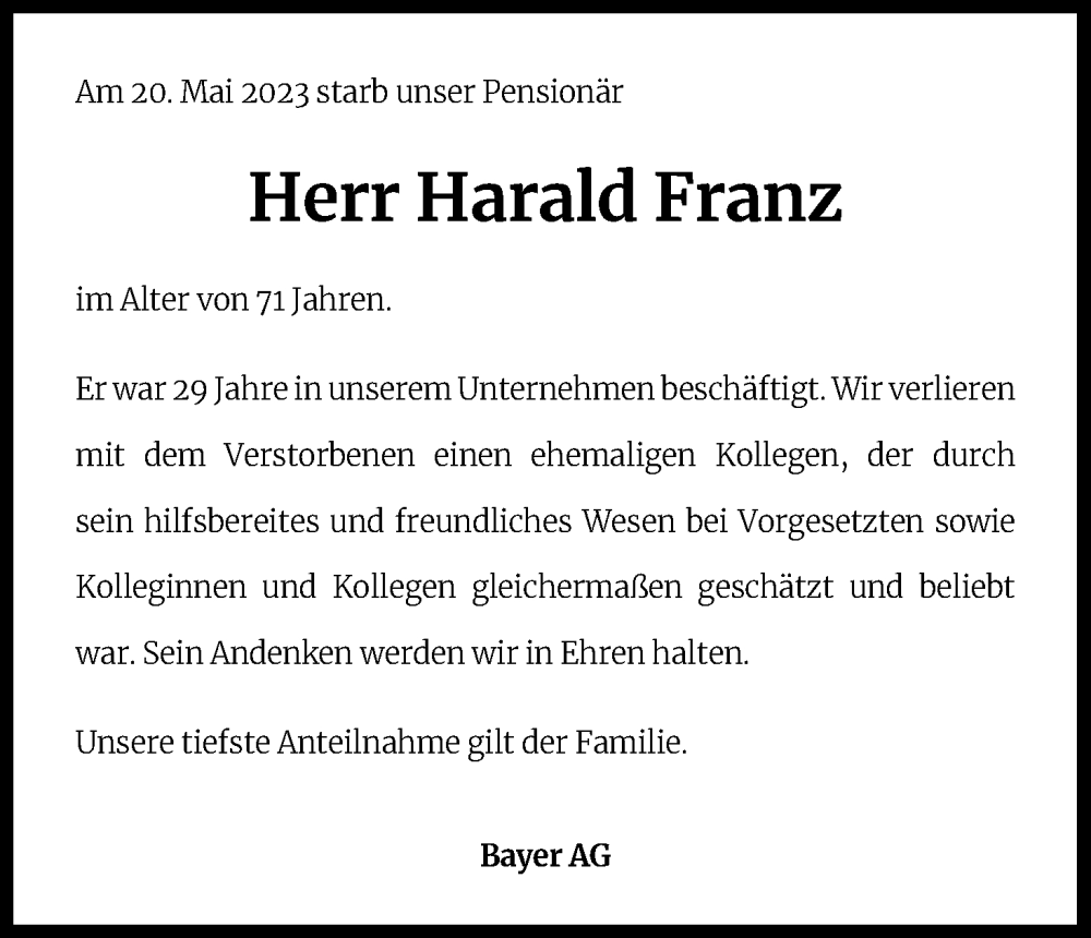  Traueranzeige für Harald Franz vom 26.05.2023 aus Kölner Stadt-Anzeiger / Kölnische Rundschau / Express