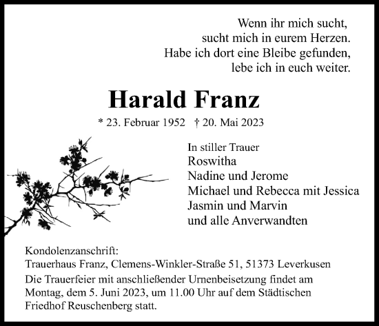 Anzeige von Harald Franz von Kölner Stadt-Anzeiger / Kölnische Rundschau / Express