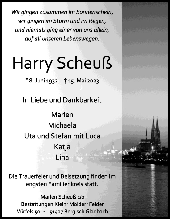 Anzeige von Harry Scheuß von Kölner Stadt-Anzeiger / Kölnische Rundschau / Express