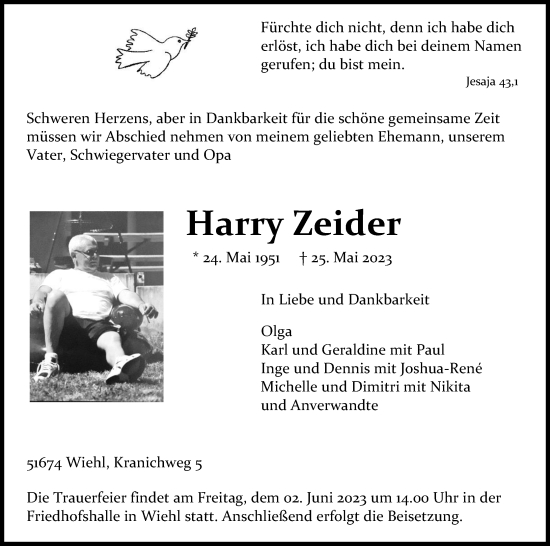 Anzeige von Harry Zeider von Kölner Stadt-Anzeiger / Kölnische Rundschau / Express