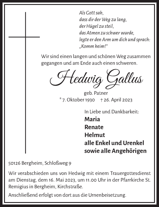 Anzeige von Hedwig Gallus von  Werbepost 