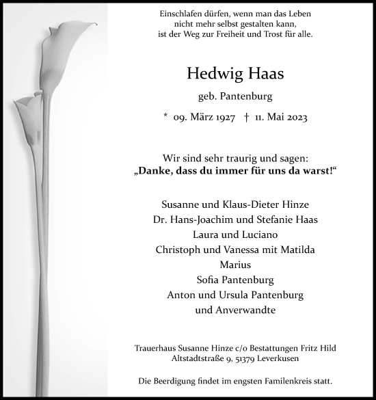Anzeige von Hedwig Haas von Kölner Stadt-Anzeiger / Kölnische Rundschau / Express