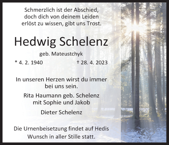 Anzeige von Hedwig Schelenz von Kölner Stadt-Anzeiger / Kölnische Rundschau / Express