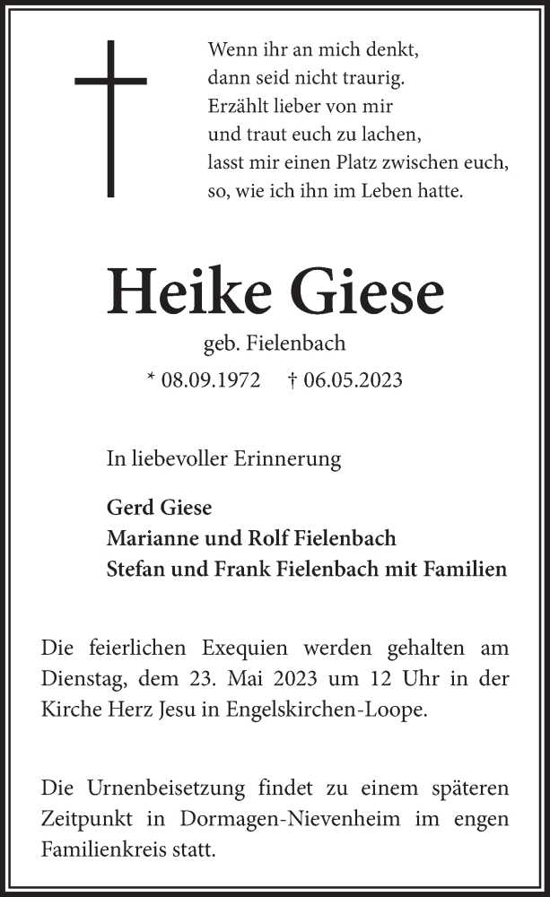  Traueranzeige für Heike Giese vom 12.05.2023 aus  Anzeigen Echo 