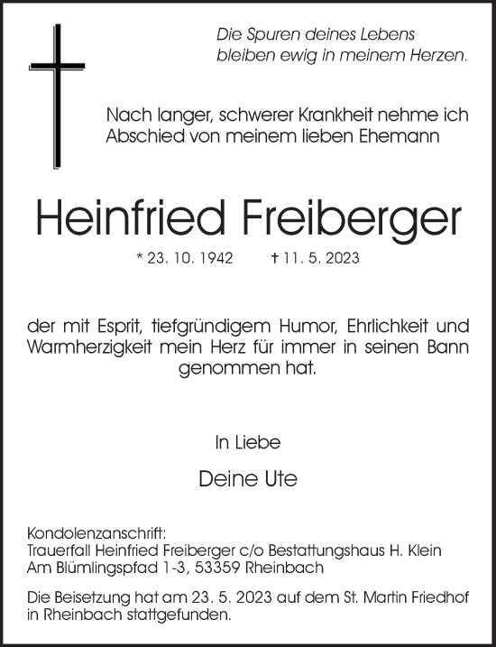 Anzeige von Heinfried Freiberger von  Schaufenster/Blickpunkt 
