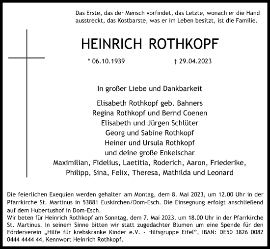 Anzeige von Heinrich Rothkopf von Kölner Stadt-Anzeiger / Kölnische Rundschau / Express