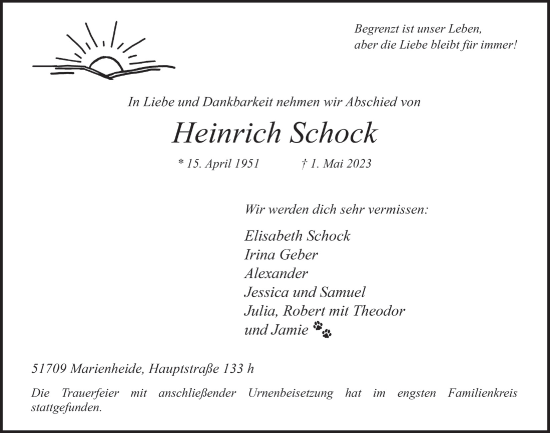 Anzeige von Heinrich Schock von  Anzeigen Echo 
