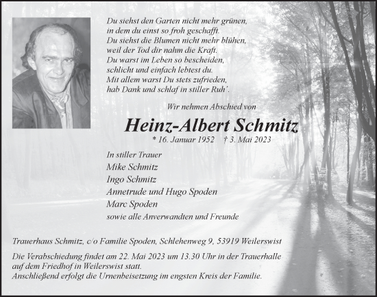 Anzeige von Heinz-Albert Schmitz von  Blickpunkt Euskirchen 