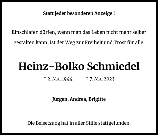 Anzeige von Heinz-Bolko Schmiedel von Kölner Stadt-Anzeiger / Kölnische Rundschau / Express