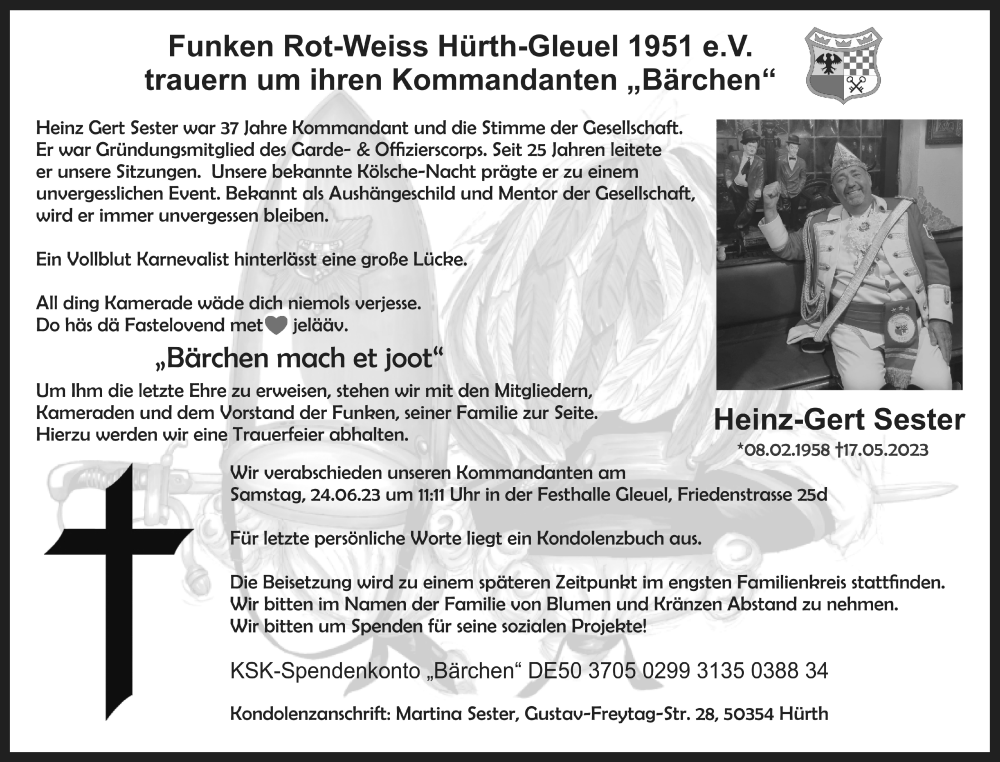  Traueranzeige für Heinz-Gert Sester vom 26.05.2023 aus  Wochenende 