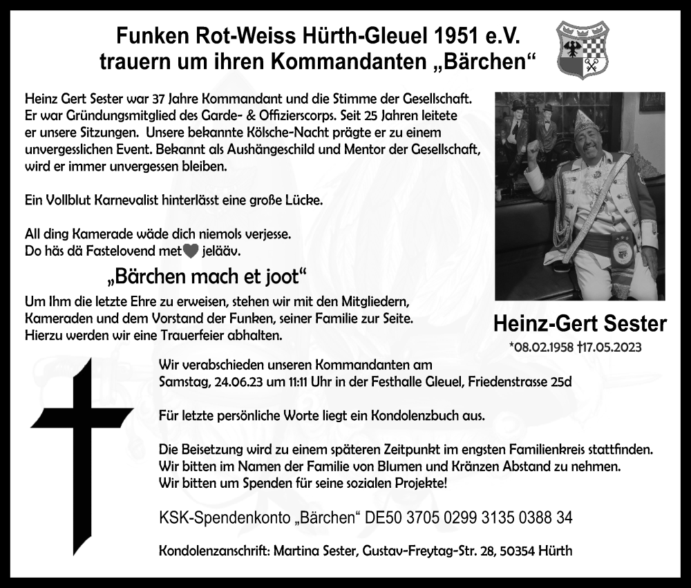  Traueranzeige für Heinz-Gert Sester vom 27.05.2023 aus Kölner Stadt-Anzeiger / Kölnische Rundschau / Express