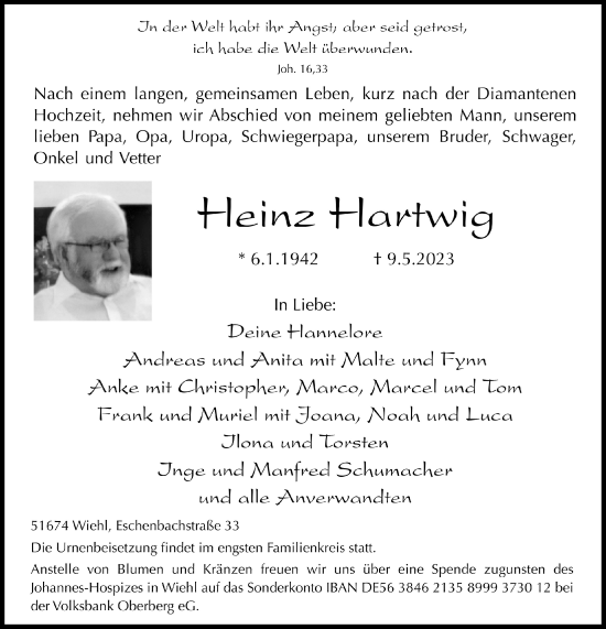 Anzeige von Heinz Hartwig von  Anzeigen Echo 
