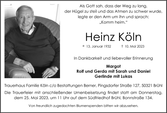 Anzeige von Heinz Köln von  Wochenende  Schlossbote/Werbekurier 