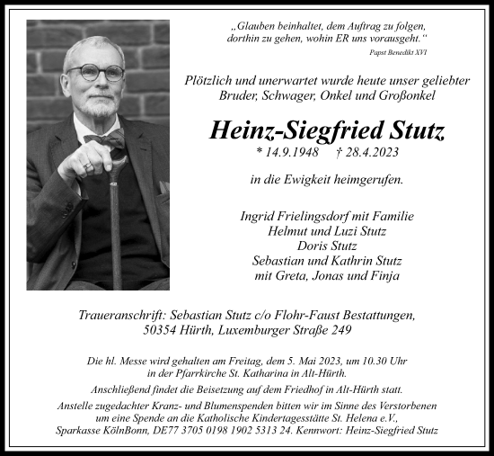 Anzeige von Heinz-Siegfried Stutz von Kölner Stadt-Anzeiger / Kölnische Rundschau / Express