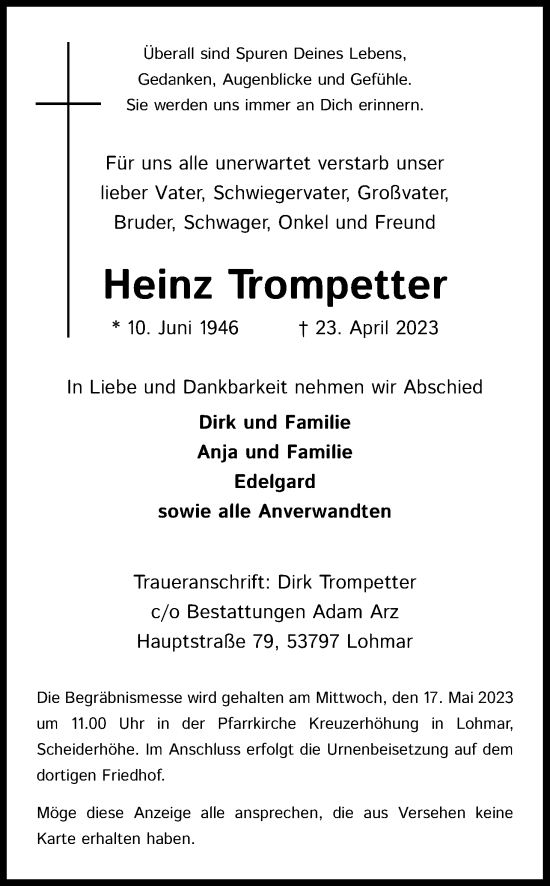 Anzeige von Heinz Trompetter von Kölner Stadt-Anzeiger / Kölnische Rundschau / Express