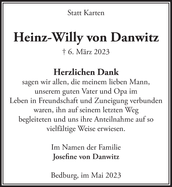 Anzeige von Heinz-Willy von Danwitz von  Werbepost 