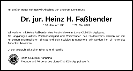 Anzeige von Heinz H. Faßbender von Kölner Stadt-Anzeiger / Kölnische Rundschau / Express