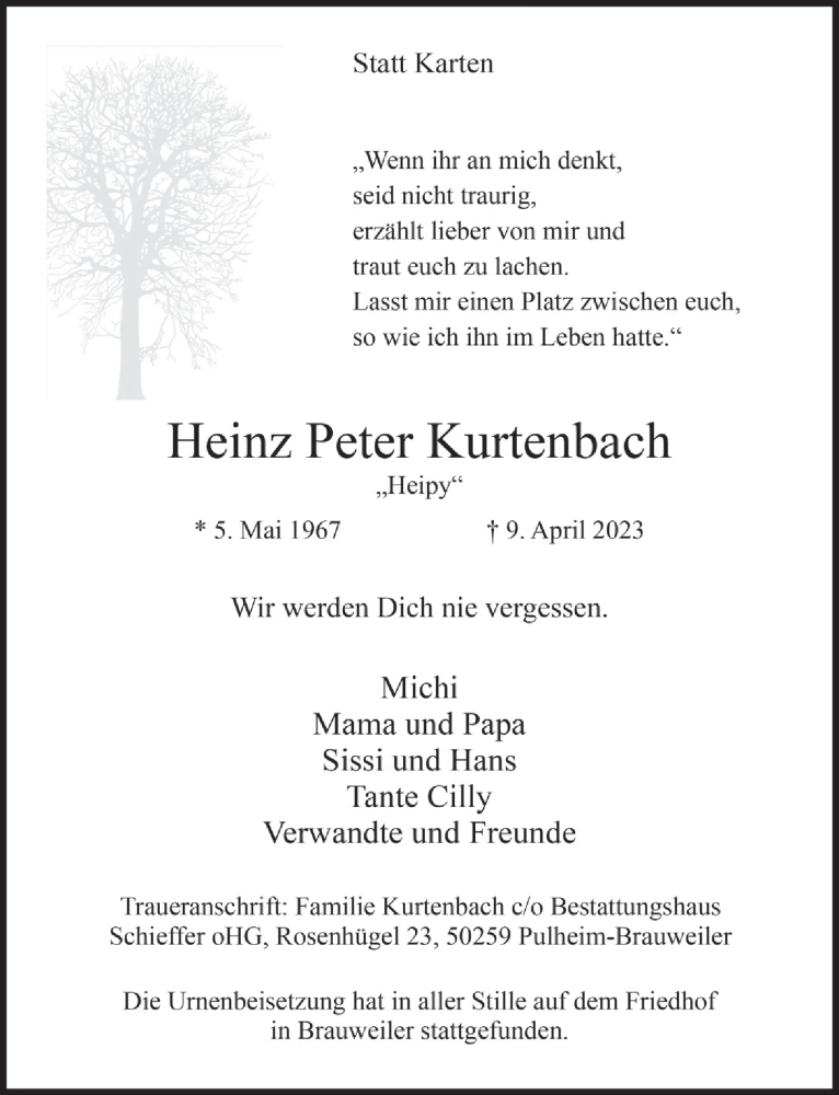  Traueranzeige für Heinz Peter Kurtenbach vom 05.05.2023 aus  Werbepost 