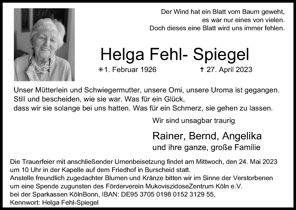  Traueranzeige für Helga Fehl-Spiegel vom 20.05.2023 aus Kölner Stadt-Anzeiger / Kölnische Rundschau / Express